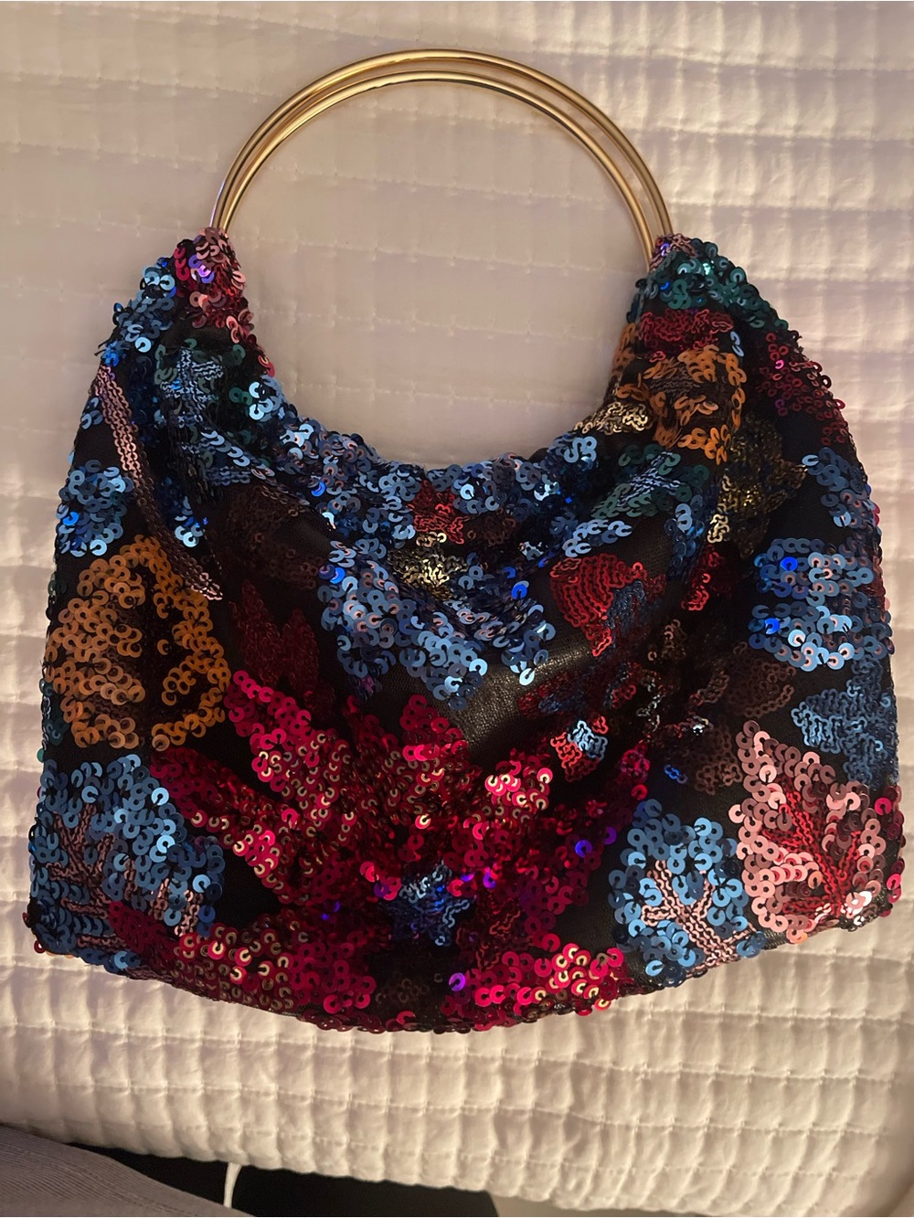Sequin Multicolor Hobo Bag with Gold Ring Handles